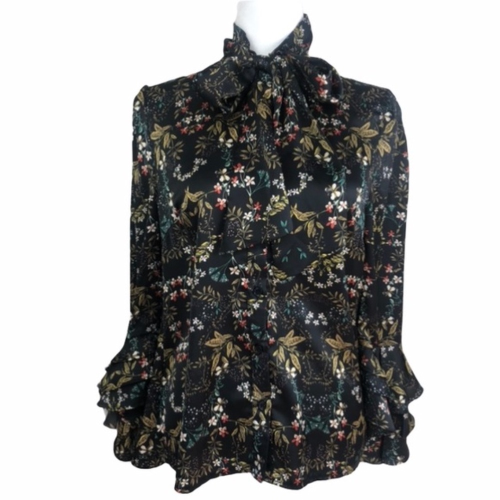 GRACIA Blouse Tie Neck Button Up Ruffle Sleeve Size M